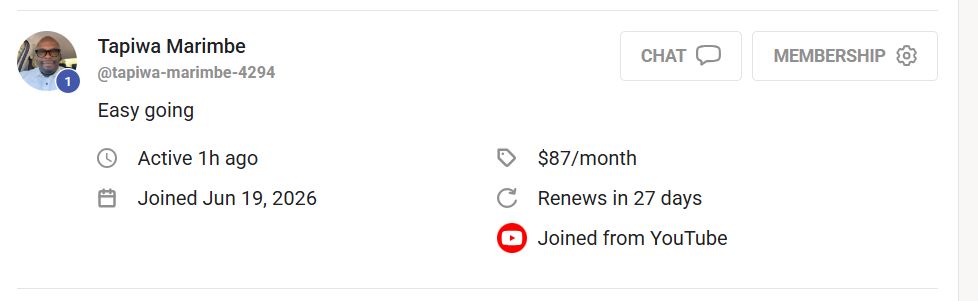 Tapiwa Marimbe membership screenshot
