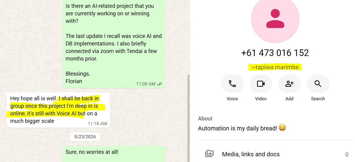 Tapiwa Marimbe WhatsApp rejoin conversation